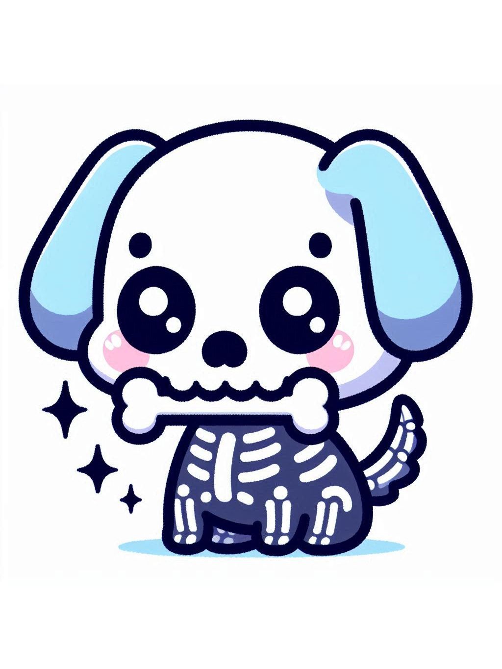 halloween cute animals drawings: A whimsical cartoon depiction of a small, adorable dog with a skeleton body, glowing pink cheeks, and big puppy eyes in a playful Halloween theme.